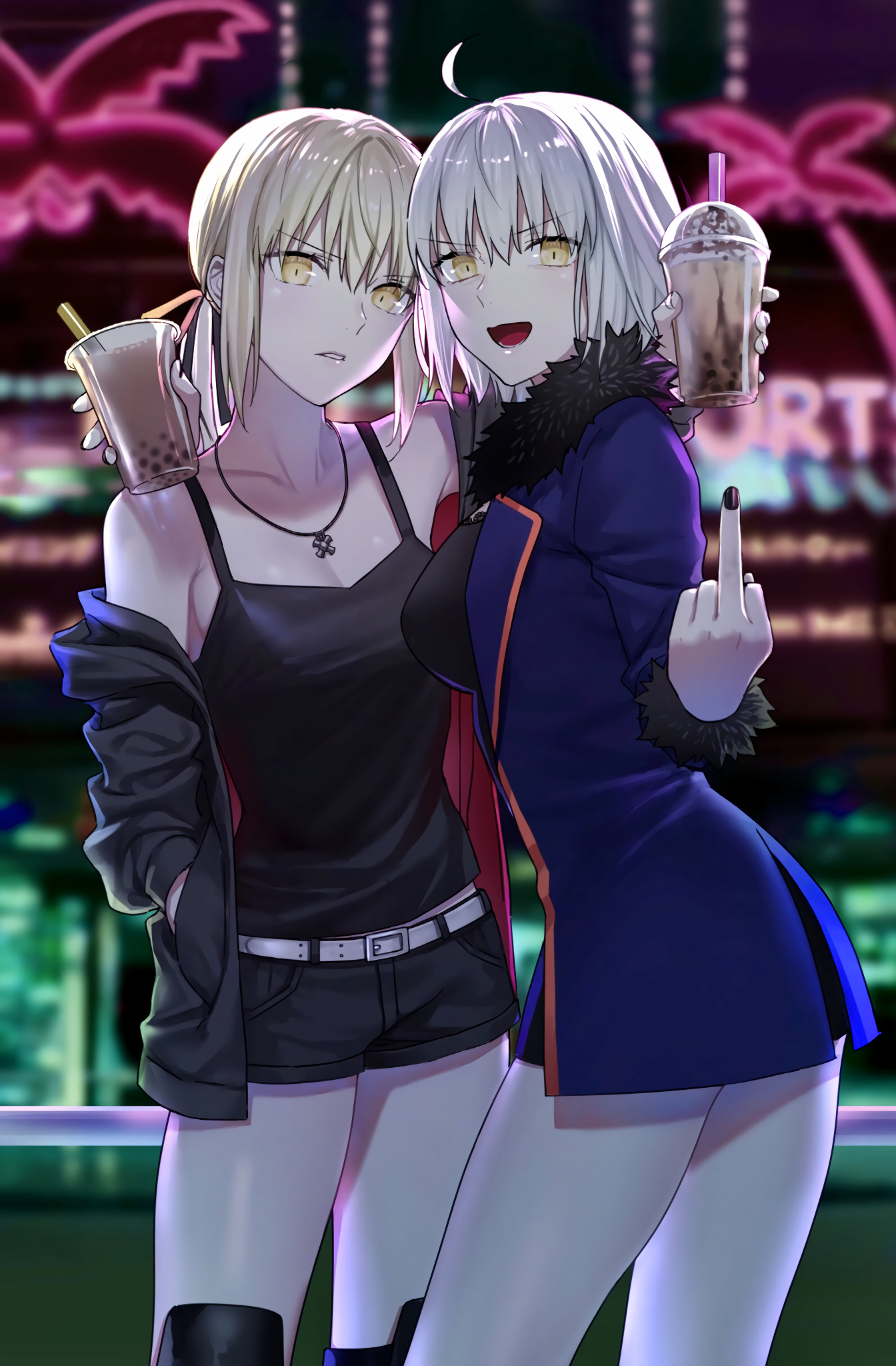 Before a neon-lit city street, the goddess and her friend hold cups of bubble tea, with conspicuously not-glowing (though still gold-hued) eyes.  The goddess flips the bird to the viewer, and her friend looks understandably scornful.